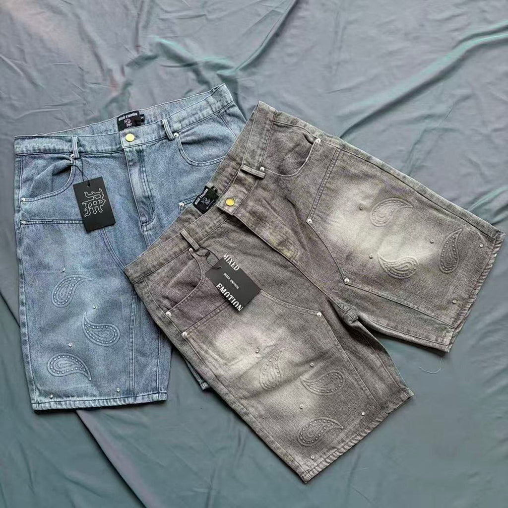 MIXED EMOTION Distressed Graphic Knee-Length Shorts