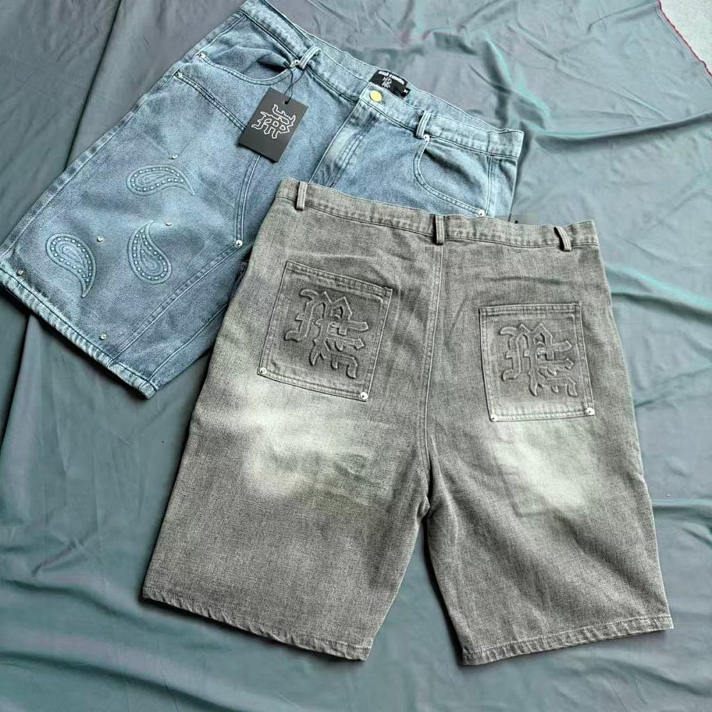 MIXED EMOTION Distressed Graphic Knee-Length Shorts