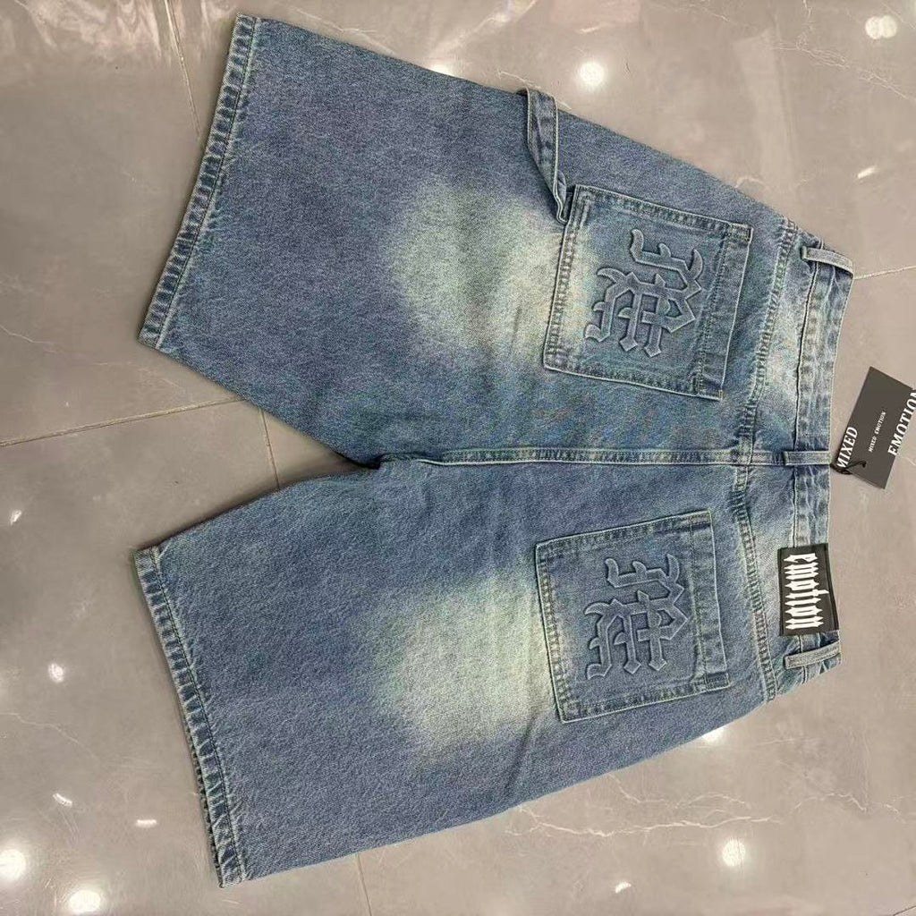 MIXED EMOTION Embroidered Letter Carpenter Denim Shorts