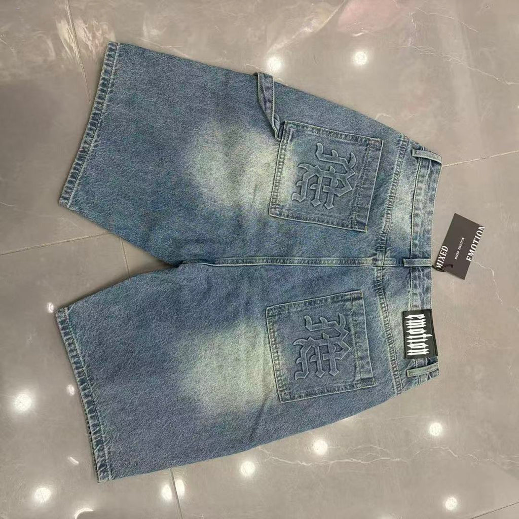 MIXED EMOTION Embroidered Letter Carpenter Denim Shorts