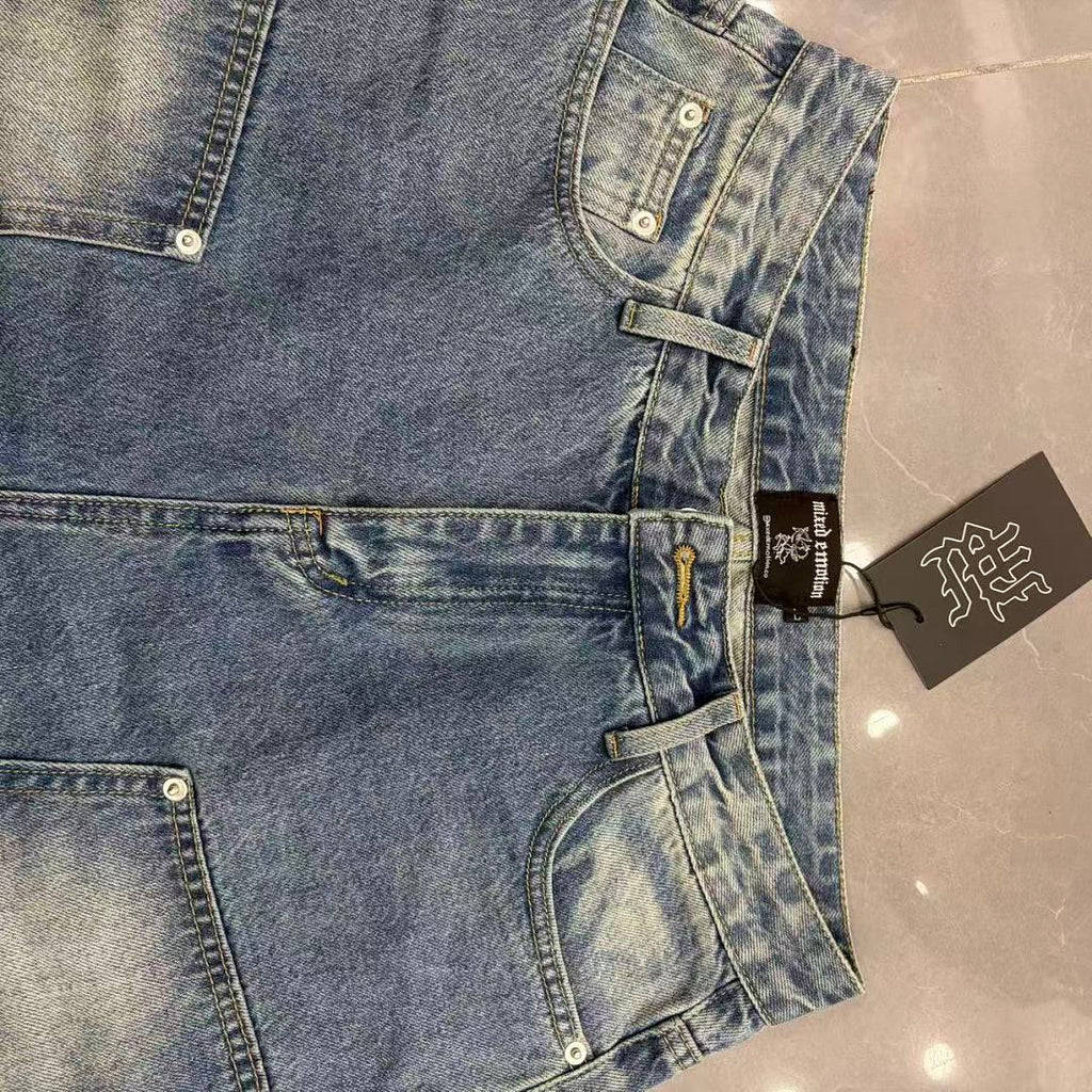 MIXED EMOTION Embroidered Letter Carpenter Denim Shorts