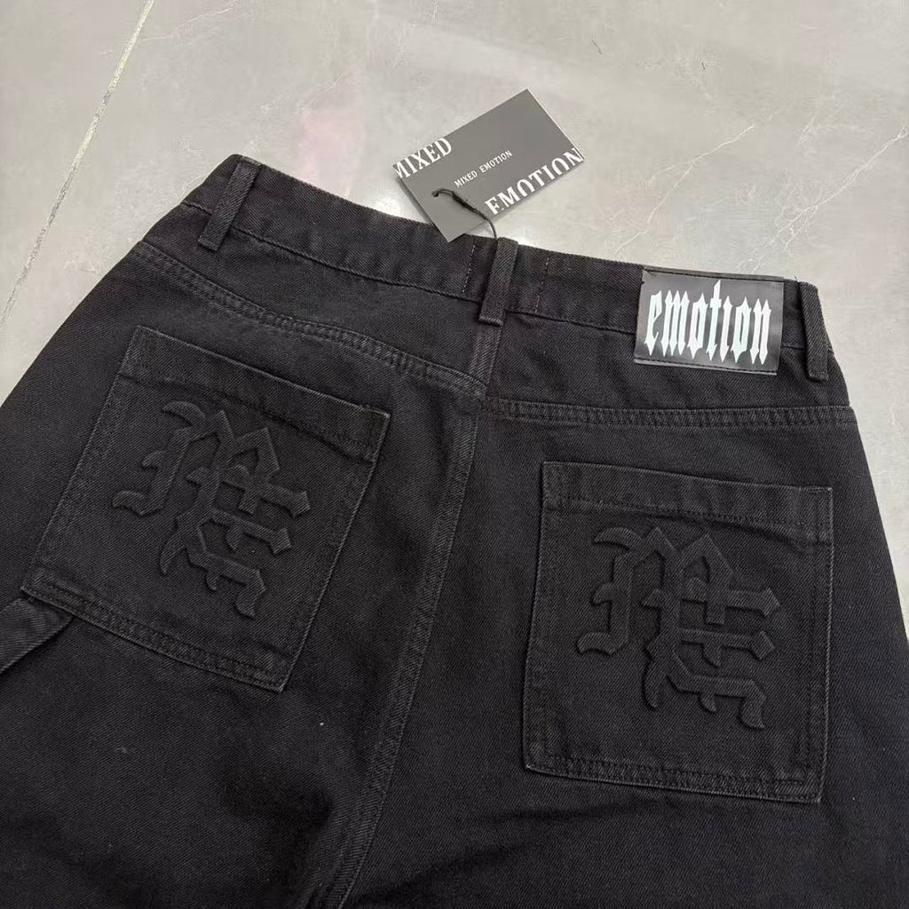 MIXED EMOTION Embroidered Letter Carpenter Denim Shorts