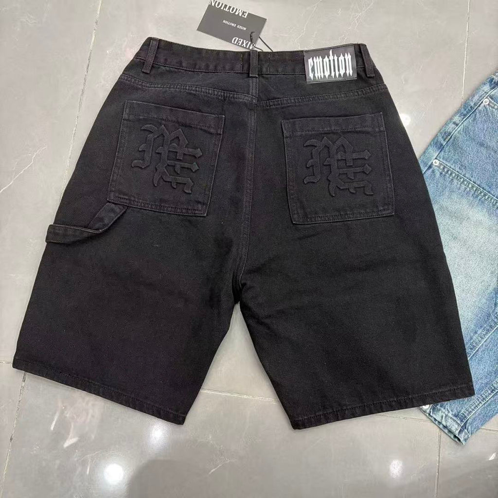 MIXED EMOTION Embroidered Letter Carpenter Denim Shorts