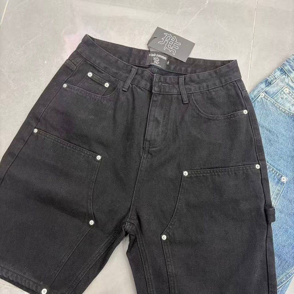 MIXED EMOTION Embroidered Letter Carpenter Denim Shorts