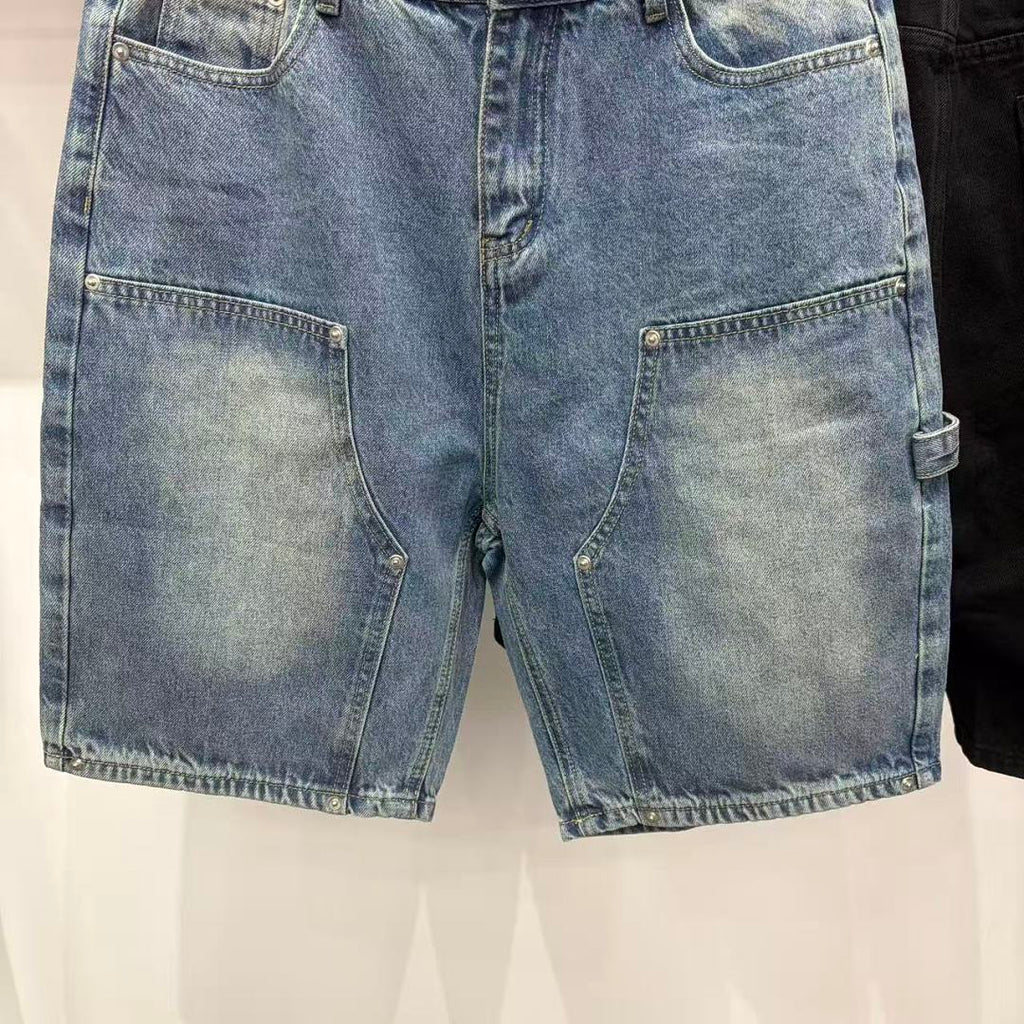 MIXED EMOTION Embroidered Letter Carpenter Denim Shorts