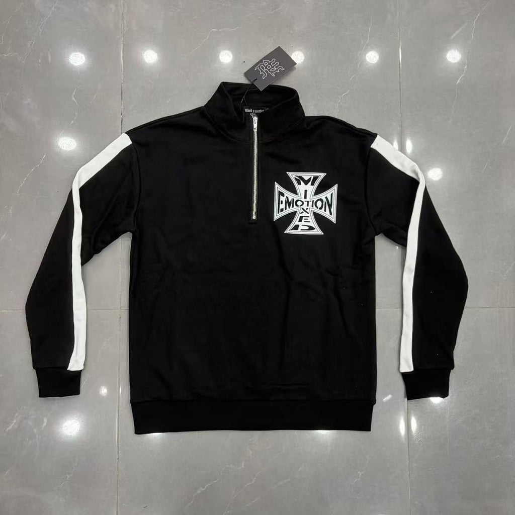 MIXED EMOTION Cross Logo Half-Zip Streetwear Pullover