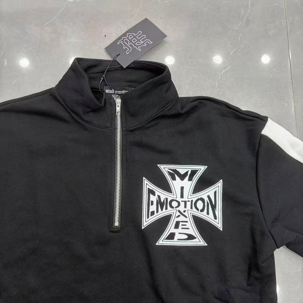 MIXED EMOTION Cross Logo Half-Zip Streetwear Pullover