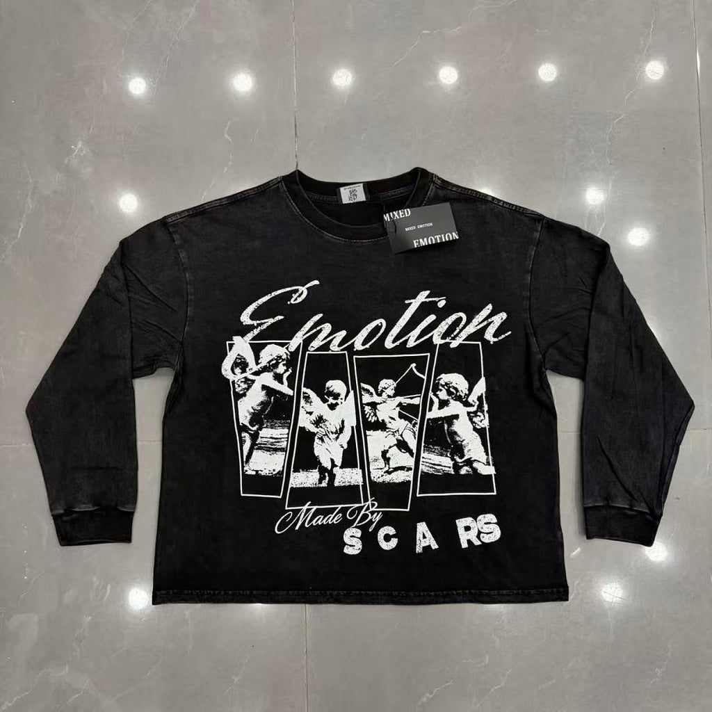 MIXED EMOTION Script Graphic Music-Inspired Long Sleeve Top