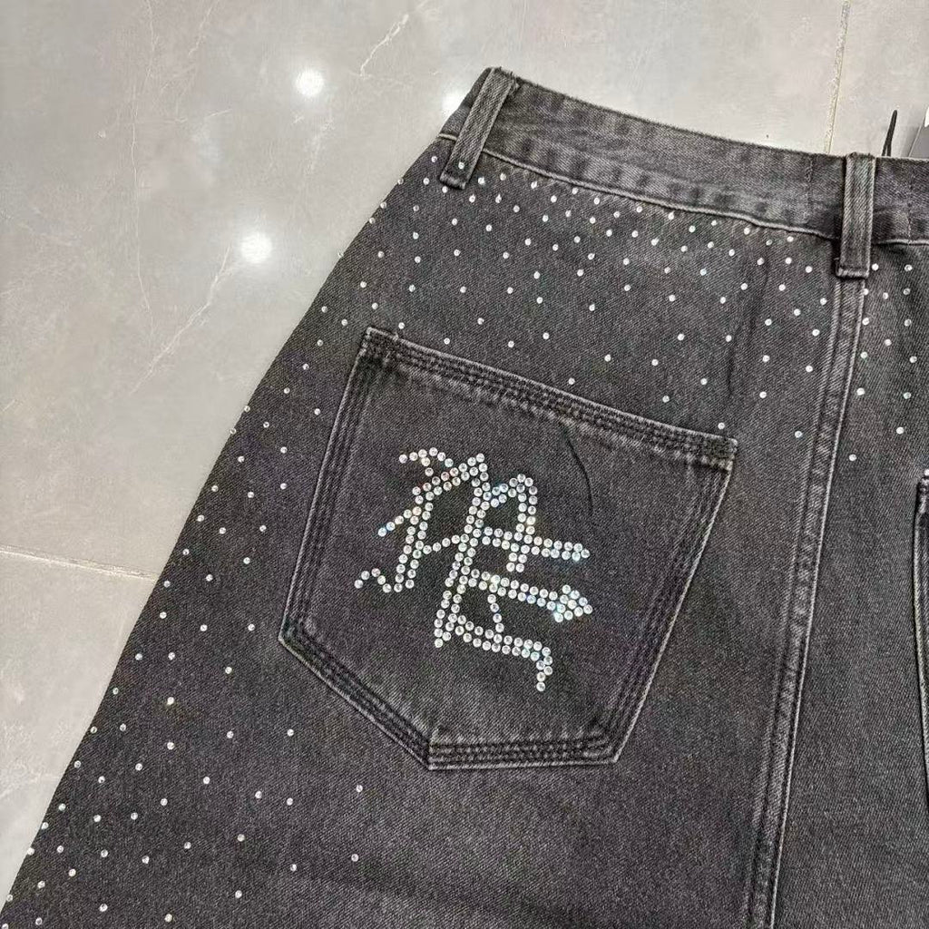 MIXED EMOTION Rhinestone Letter Graphic Relaxed Denim Shorts