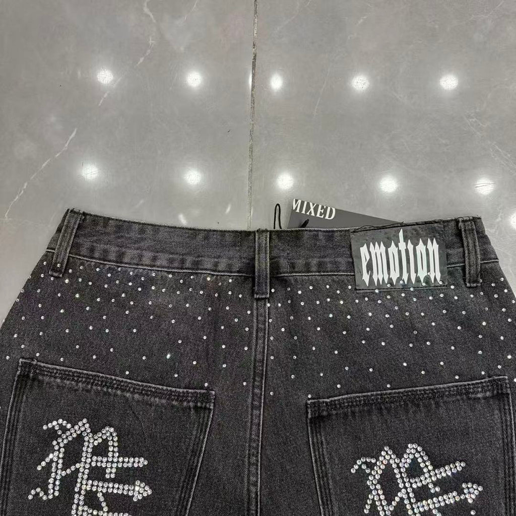 MIXED EMOTION Rhinestone Letter Graphic Relaxed Denim Shorts
