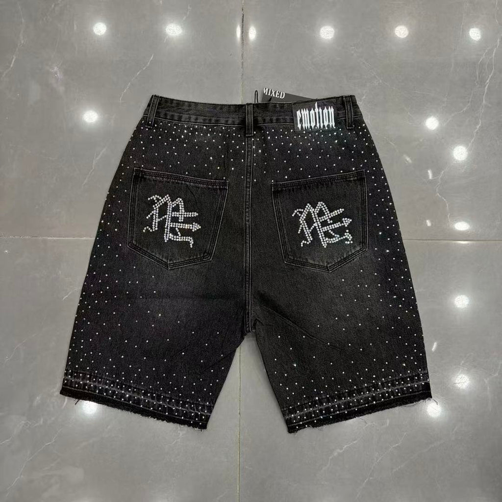 MIXED EMOTION Rhinestone Letter Graphic Relaxed Denim Shorts