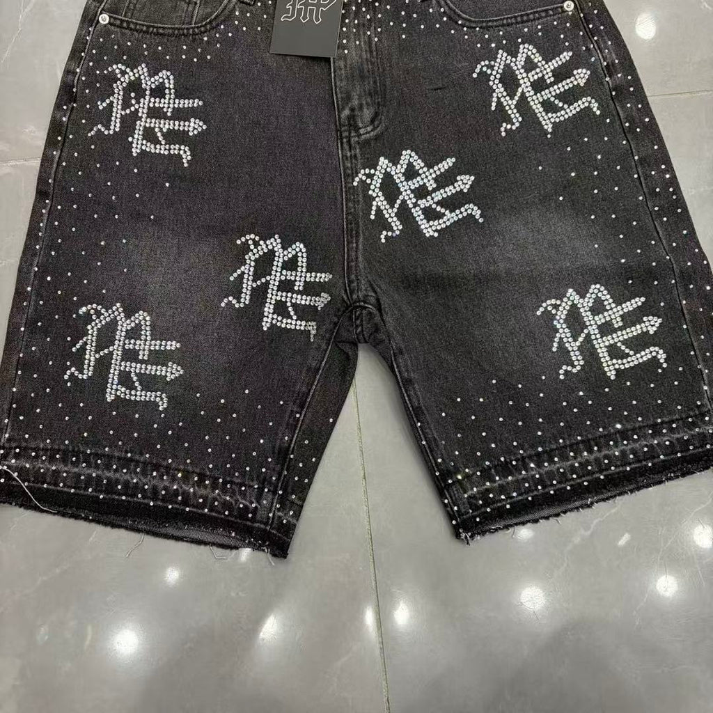 MIXED EMOTION Rhinestone Letter Graphic Relaxed Denim Shorts