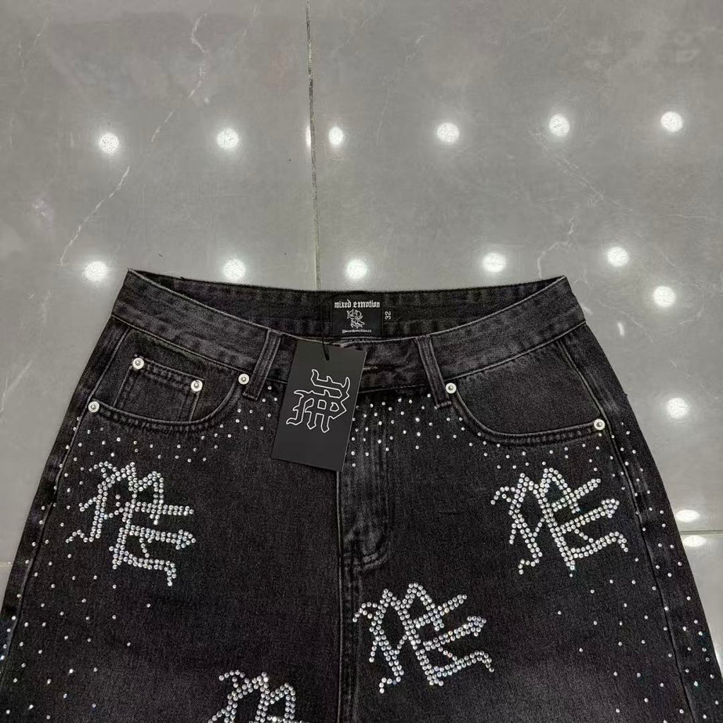 MIXED EMOTION Rhinestone Letter Graphic Relaxed Denim Shorts