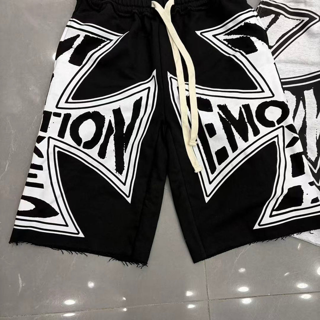 MIXED EMOTION Graphic Logo Patchwork Casual Shorts