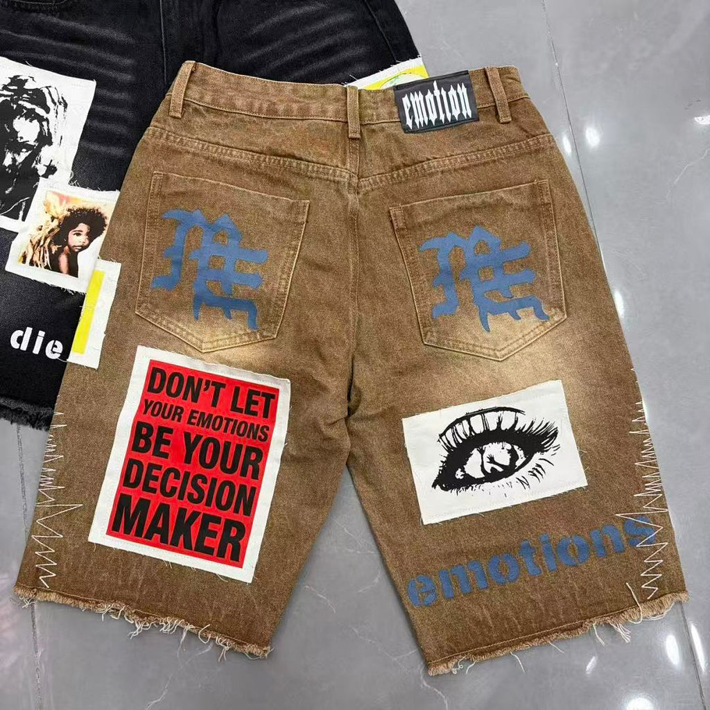 MIXED EMOTION Patchwork Graphic Casual Denim Shorts