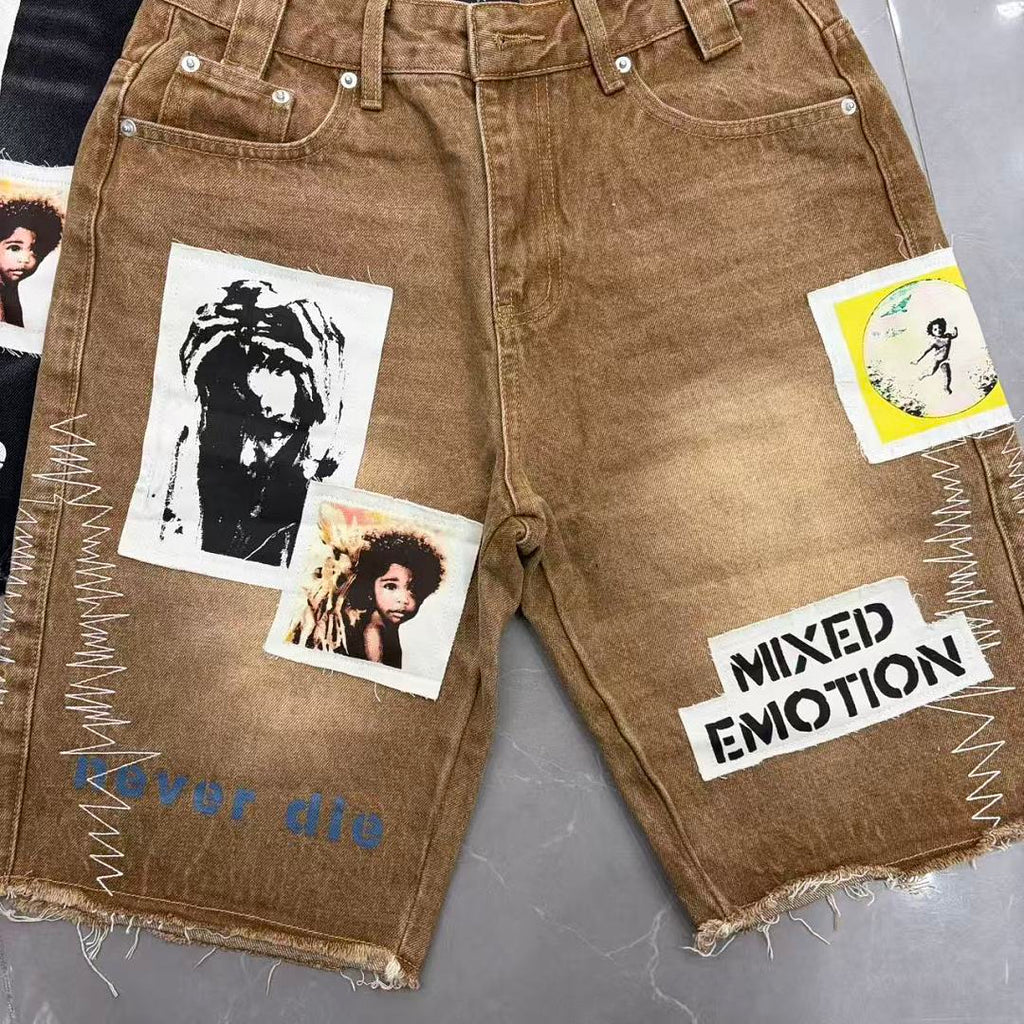 MIXED EMOTION Patchwork Graphic Casual Denim Shorts