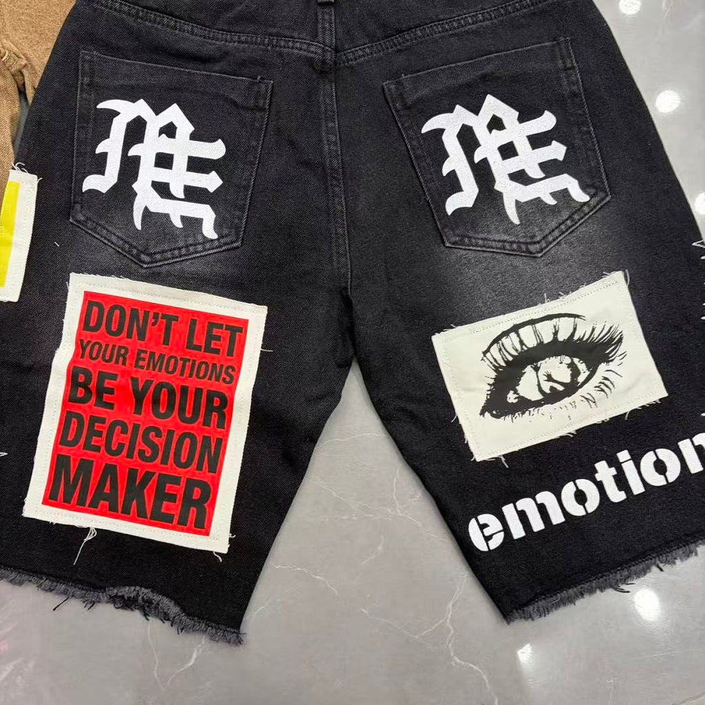 MIXED EMOTION Patchwork Graphic Casual Denim Shorts