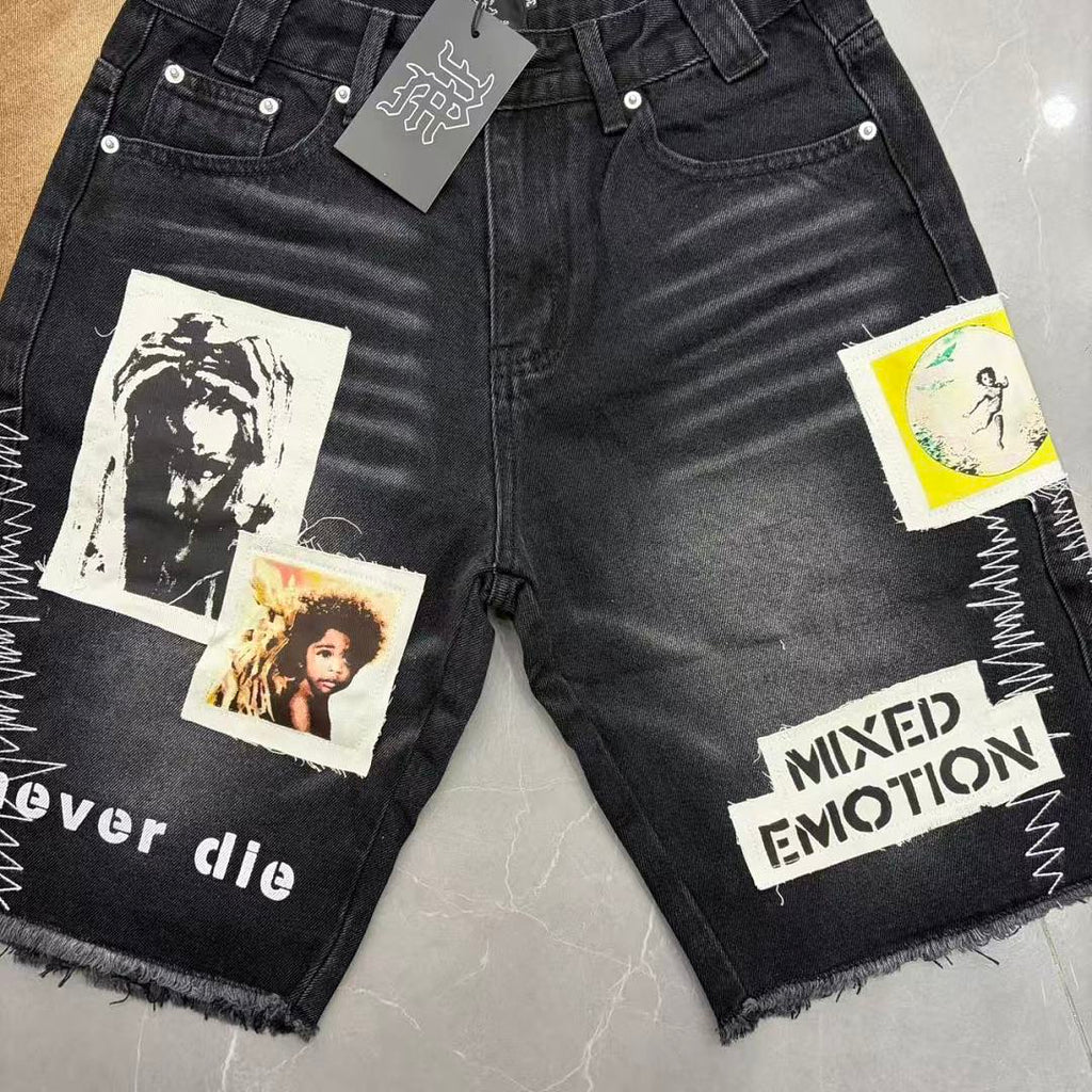 MIXED EMOTION Patchwork Graphic Casual Denim Shorts