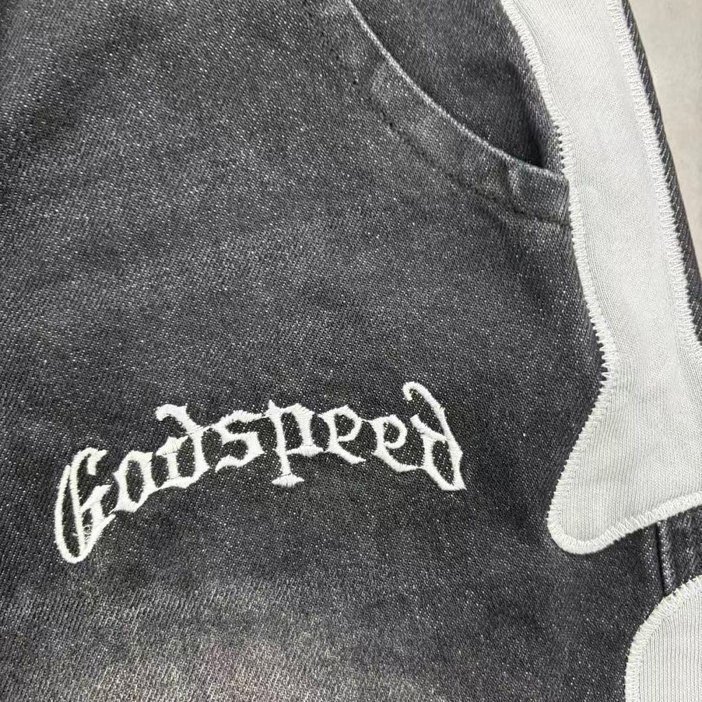 GODSPEED Distressed Graphic Denim Shorts