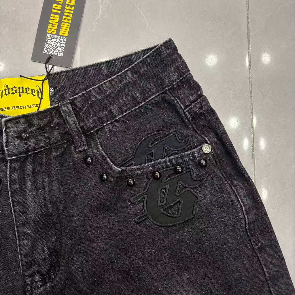 GODSPEED Graphic Patchwork Denim Shorts
