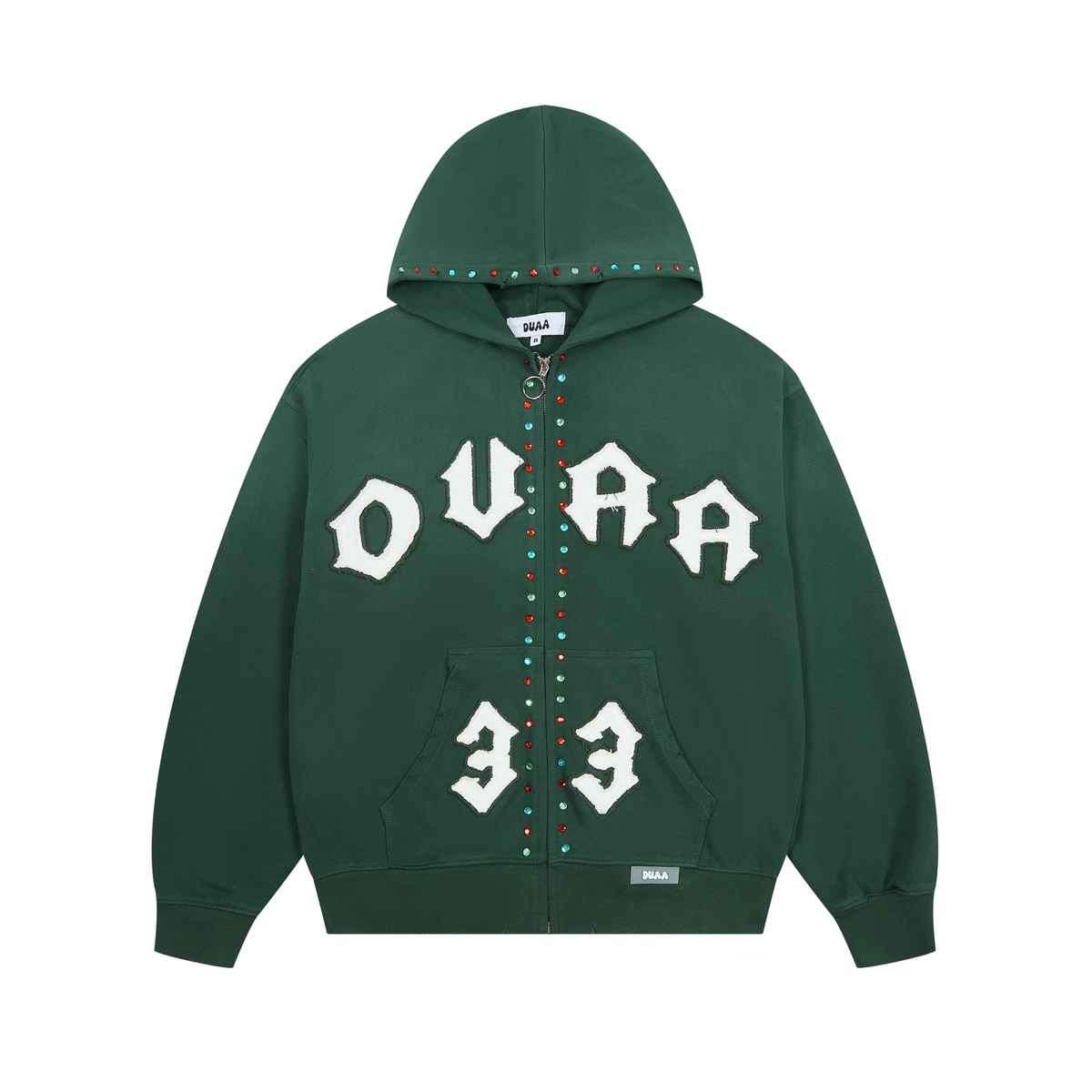 Duaa Green Rhinestone Zip Hoodie